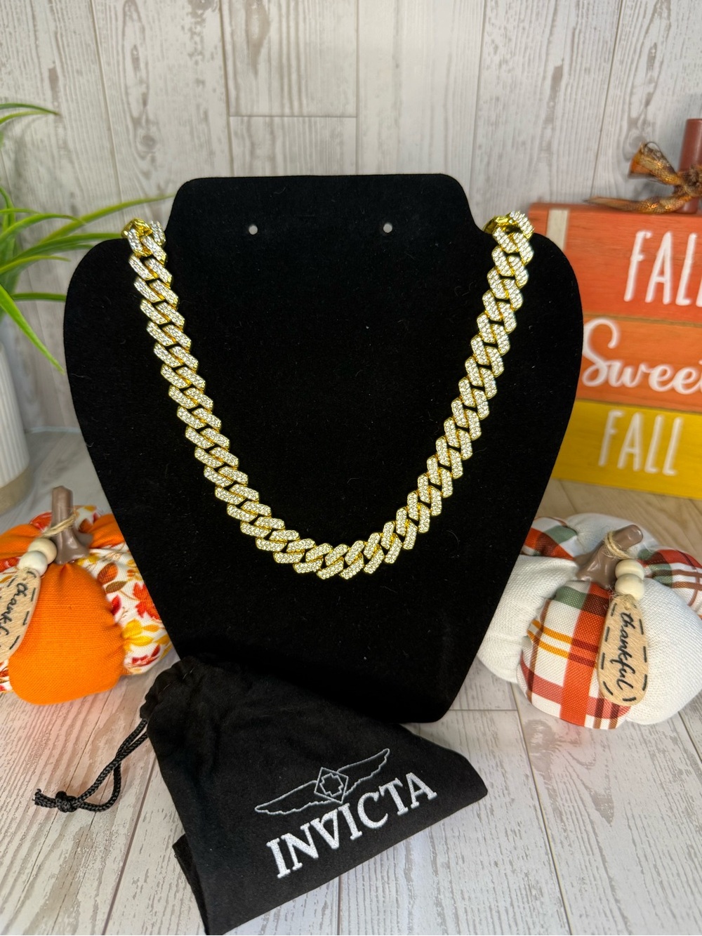 Invicta Gold and Clear Pave Cuban Link Necklace for Women